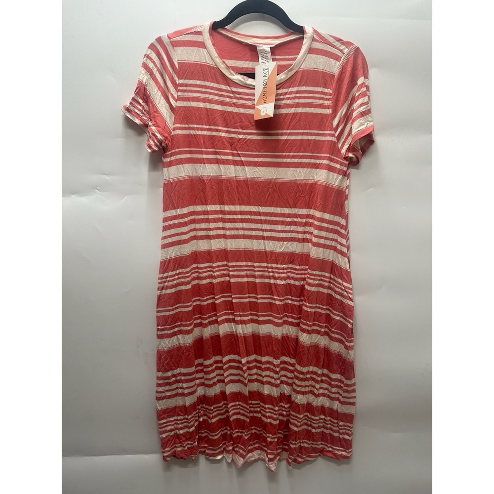 Honey & Lace Womens Medium Coral Striped Cloud Knit‎ Short Sleeve Dress NWT